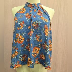 NEW Xhilaration Women's Sleeveless Halter Neck Floral Top, Mist Blue NEW